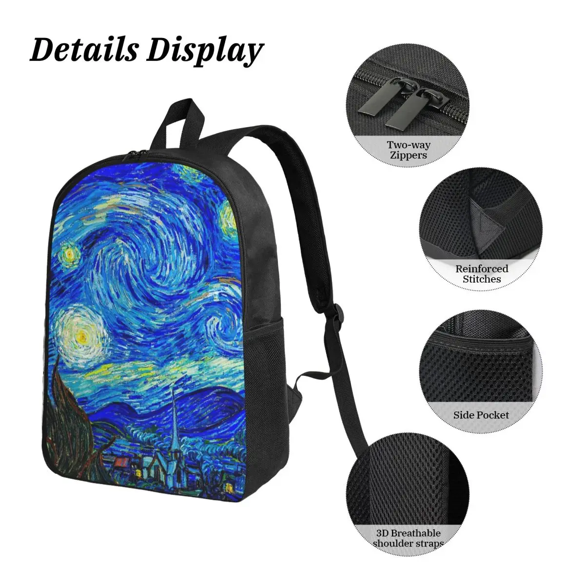 スターライトナイト ゴッホ バックパック 学生 男の子 女の子 ブックバッグ スクールバッグ ラップトップ ショルダーバッグ 3ps 保温ランチバッグ ペンケース