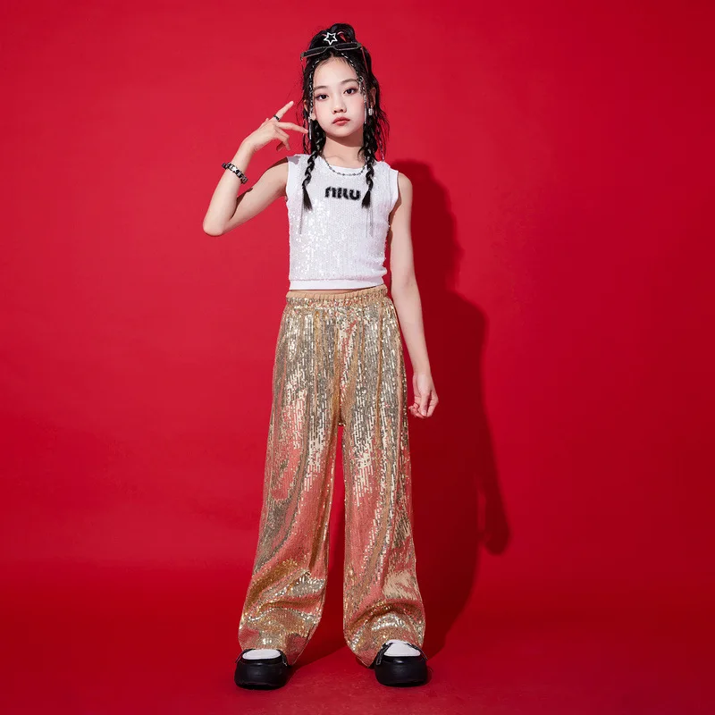 힙합 소녀 옷 키즈 재즈 스트리트 댄스 의상 스팽글 편지 조끼 블랙 골드/실버 바지 어린이 공연 복장