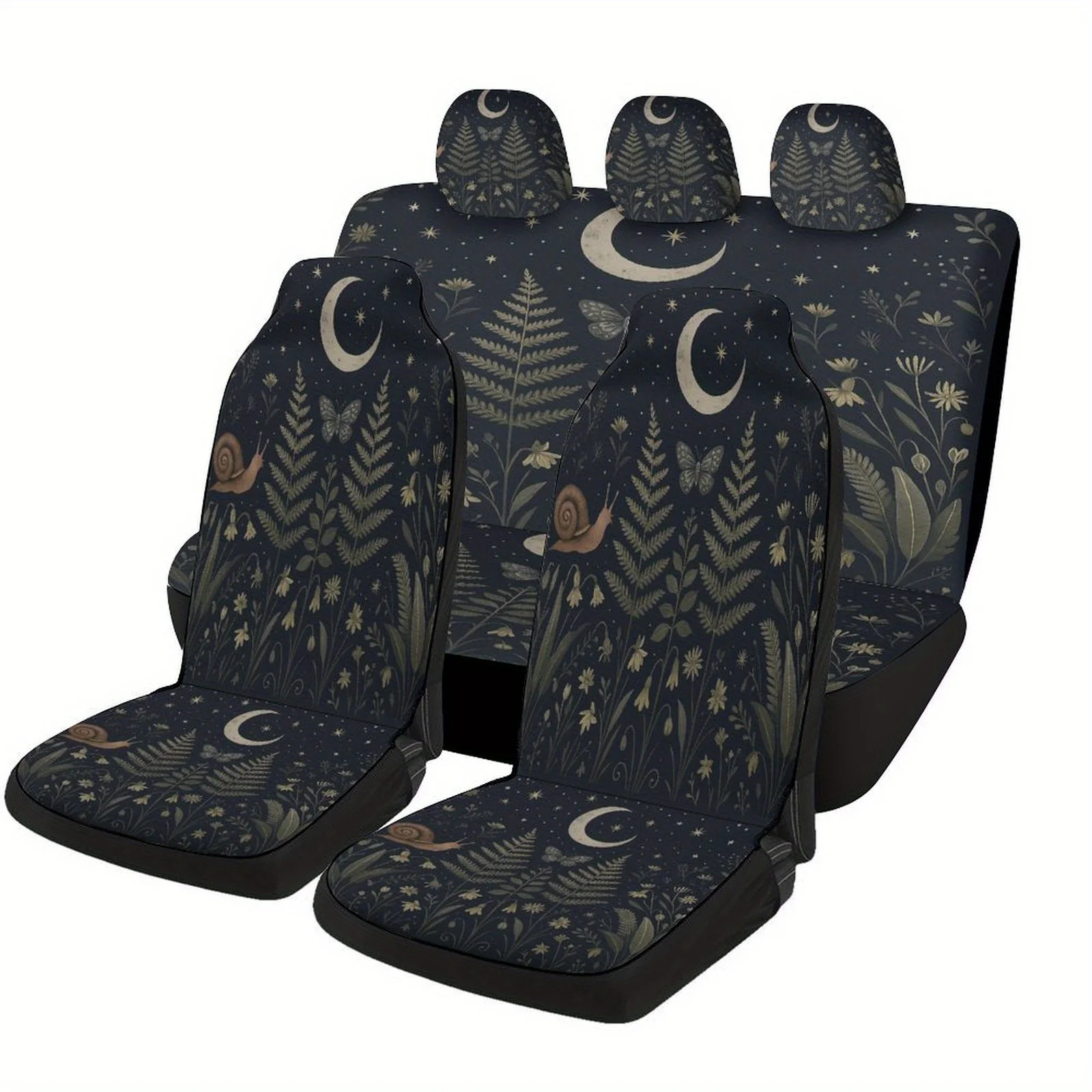 Moonlit Garden Fit Car Seat Covers Set For Most Vehicles - Elegant Moon & Night Sky Design With Flowers On Dark, Heavy-Duty For