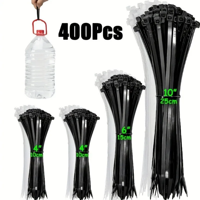 400 Self-Locking Nylon Cable Ties - High Tensile Strength, UV Resistant, Multiple Lengths (40.64/20.32/15.24 cm)