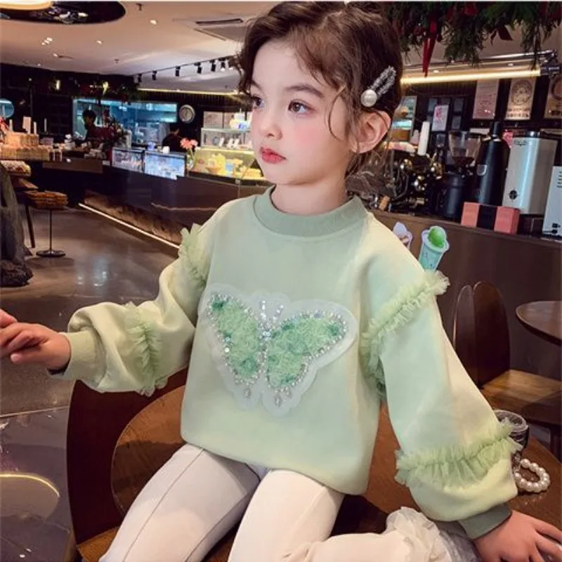 

Girls' 2025 New Spring/Autumn Long Sleeve Artisanal Butterfly Korean Style Stylish Mid-Big Kids Sweatshirt
