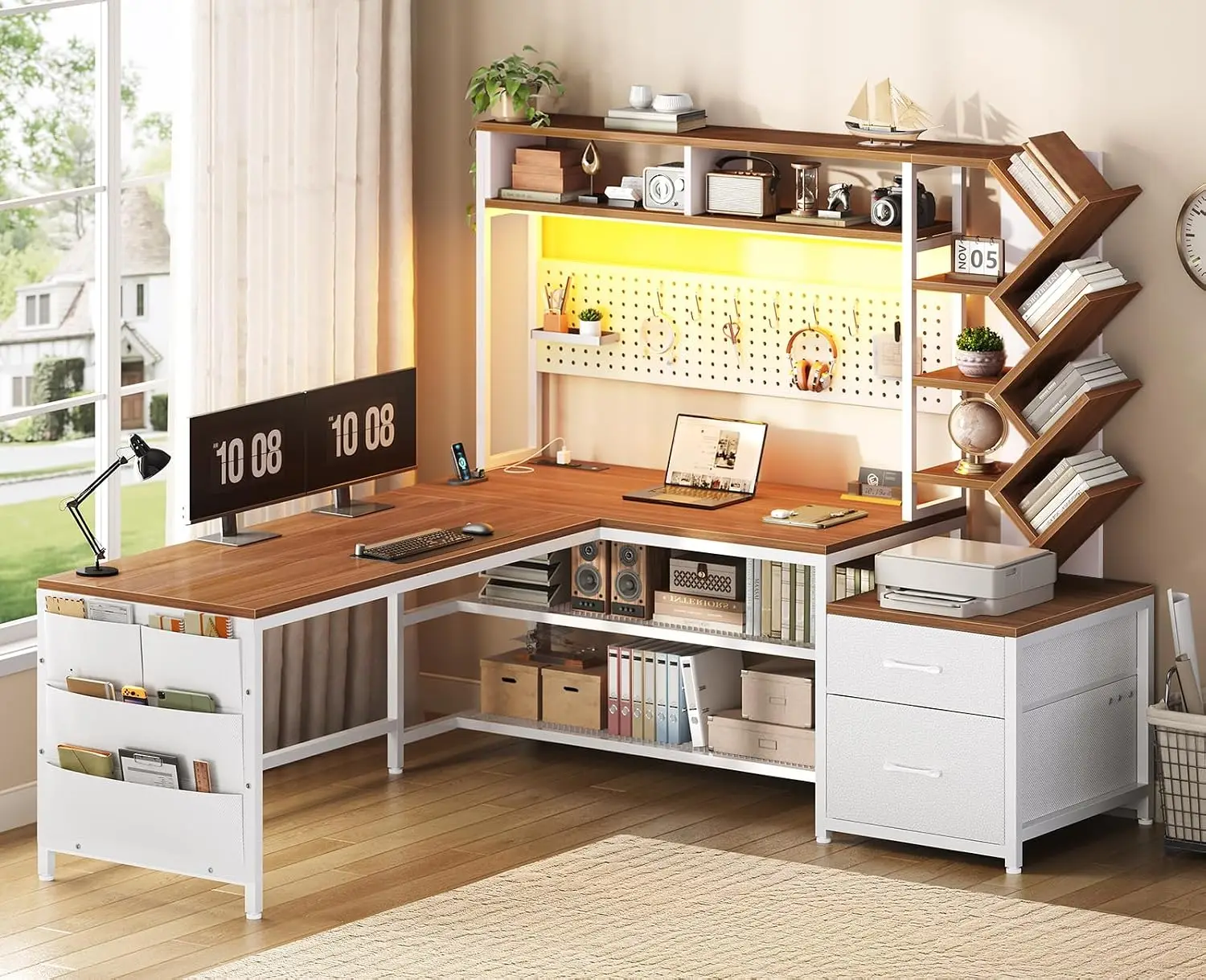 L Shaped Office Desk with Drawers & Hutch, 97.6