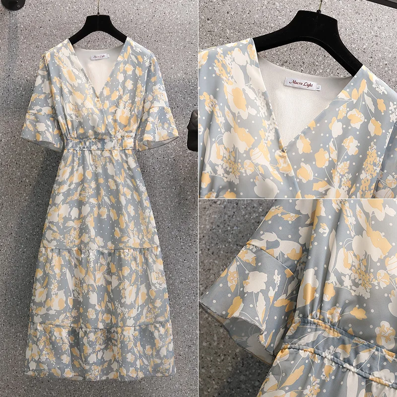 2024 Nieuwe Bloemen Chiffon V-Hals Ruches Midi Jurk Vrouwen Boho Light Casaul Strandjurk Zomer Koreaanse Elegante Bodycon Nachtjurk