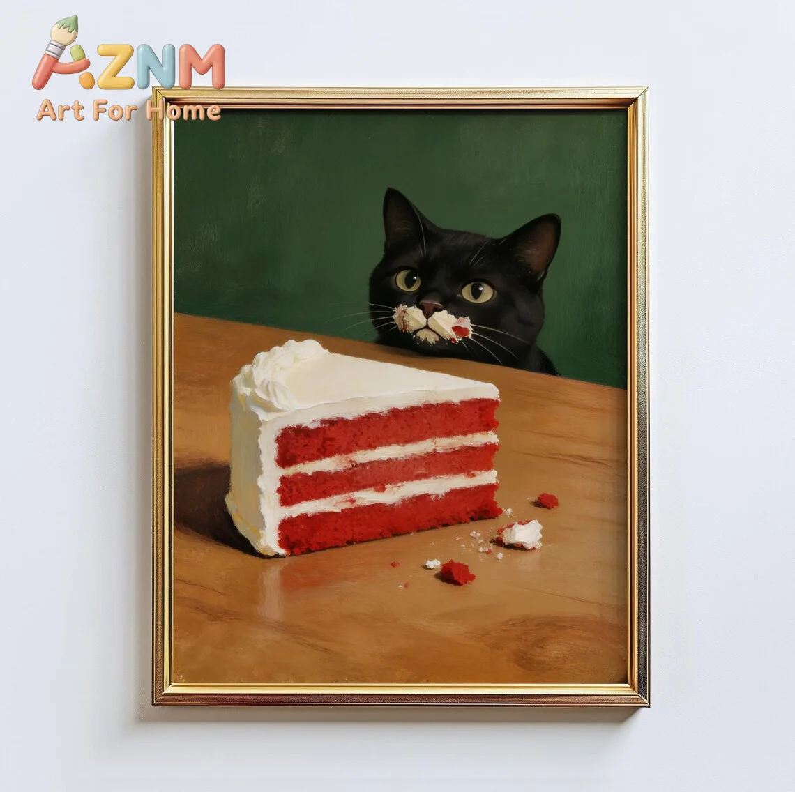 Cake Thief – Black Cat Cake Poster, Funny Kitchen Wall Art Print, Whimsical Red Velvet Dessert Decor