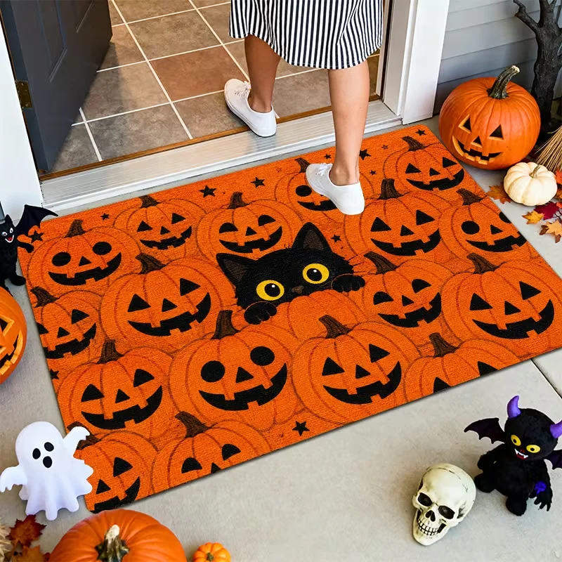 1pc Doormat Black Cat And Jack O Lantern Pumpkin Print Anti-Slip Very Suitable for Doorway Bedroom Living Room Or Home Decor