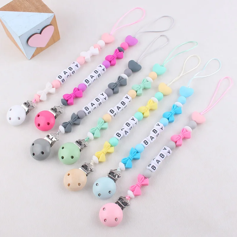 Baby Pacifier Clips DIY Personalized Name Bow Dummy Nipples Holder Clip Chain Princess Teethers Newborn Teething Toy Accessories