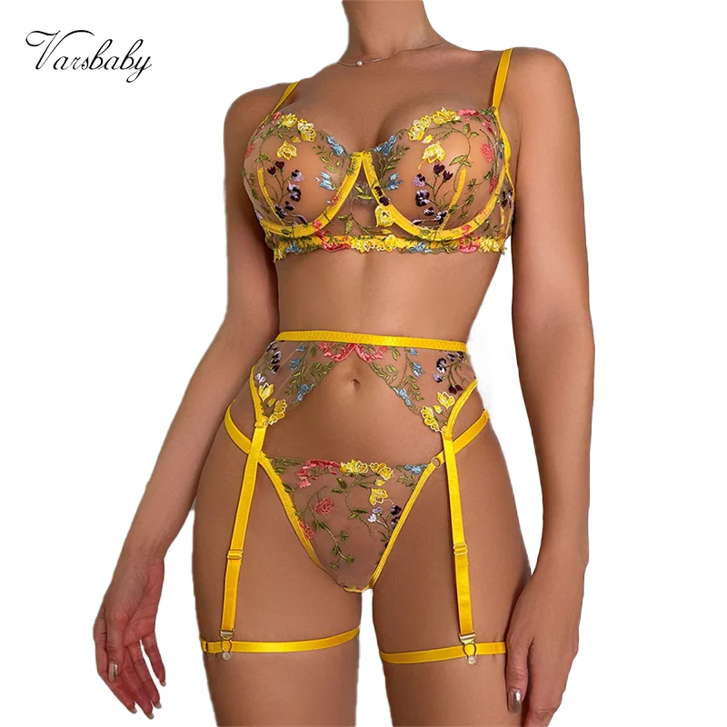 Varsbaby Women Transparent Embroidery Panties Underwear Set 3-Piece Sexy Garters Flowers Beautiful Short Lingerie Kits