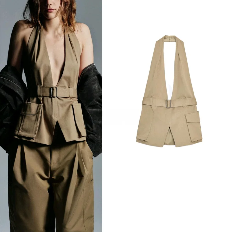 New Autumn Women's Metal Bule Waist Belt Flip Cover Chest ket Hanging Ne Collar Top Casual Sle Polyester Fiber