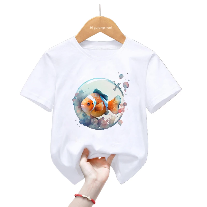 

Watercolor Clownfish Goldfish Printed T Shirt Girls/Boys Harajuku Kawaii Kids Clothes Summer Fashion Short Sleeve T-Shirt Tops