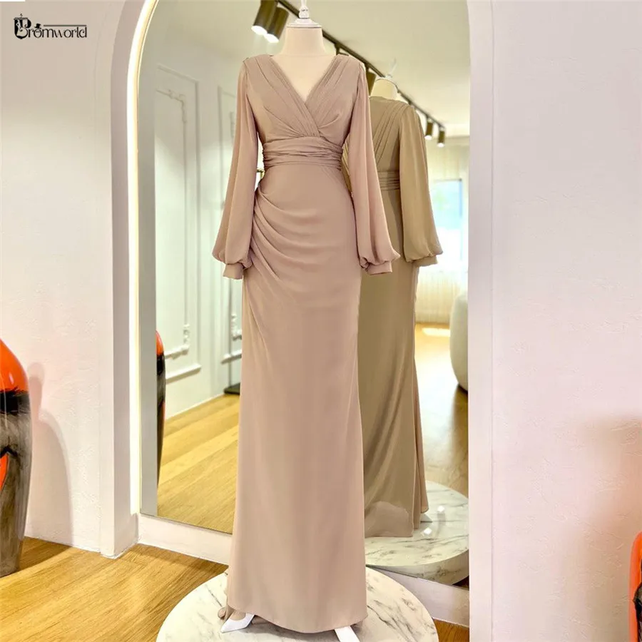 

2024 Newest Simple Formal Dress Women Elegant Mermaid V-Neck Muslim Arabic Evening Gown Long Sleeves Vestidos De Noche