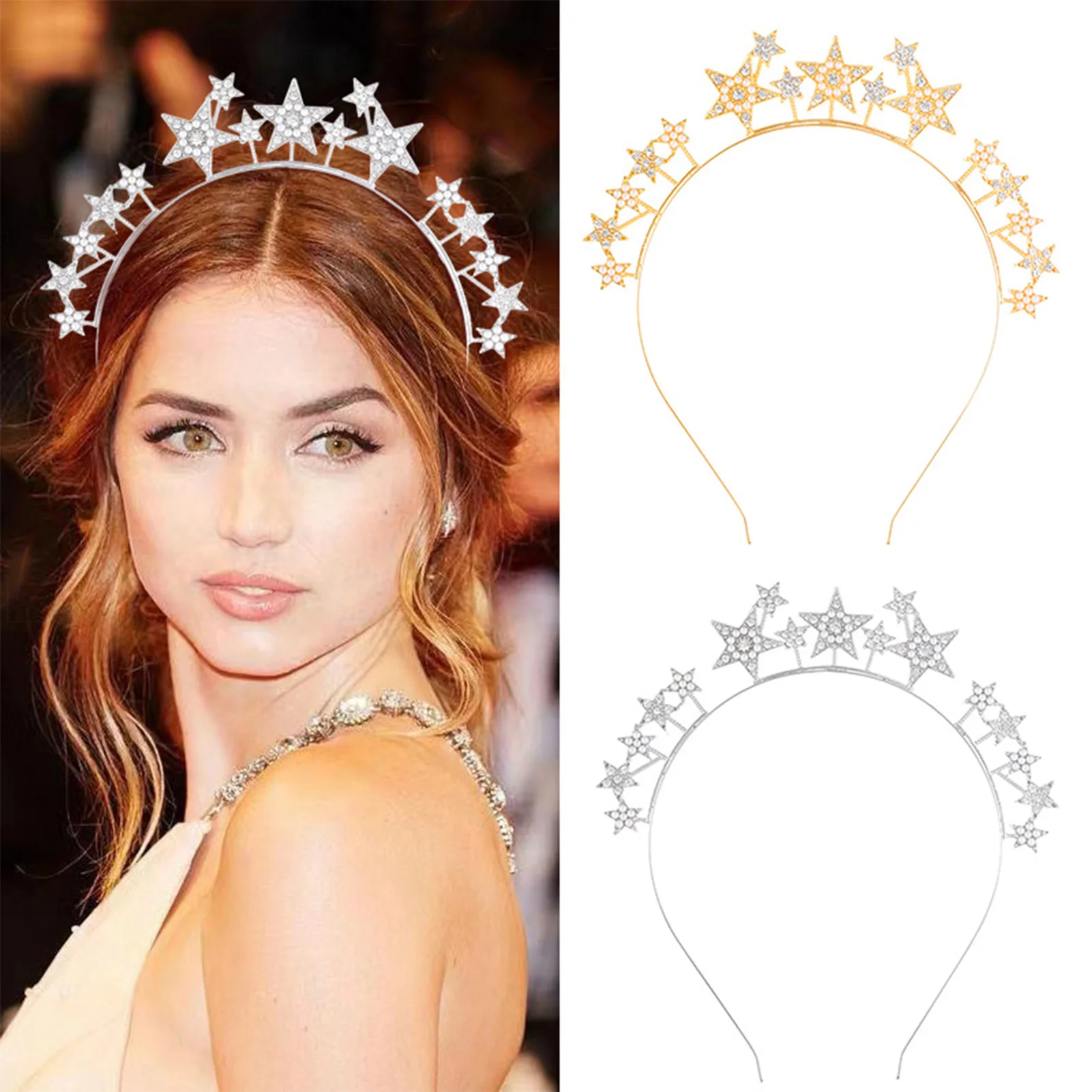 Simple Star Headbands Party Hair Hoops Gold/Silver Color Metal Rhinestone Hairbands for Women Girls Bride Wedding Hair Jewelry