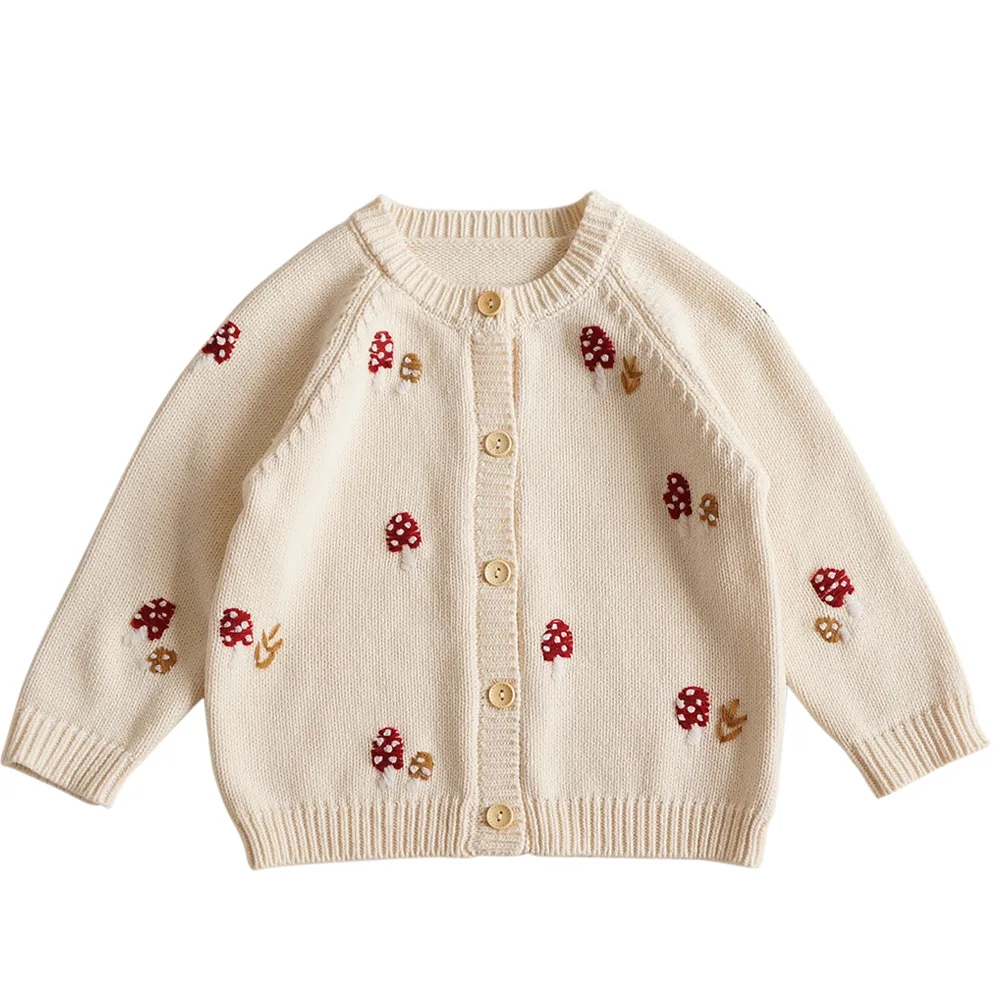 

2022 Korean Young Girls Sweaters Embroidery Mushrooms and Bows Pure Cotton Baby Cardigan Children's Clothing From 2 to 7 Years