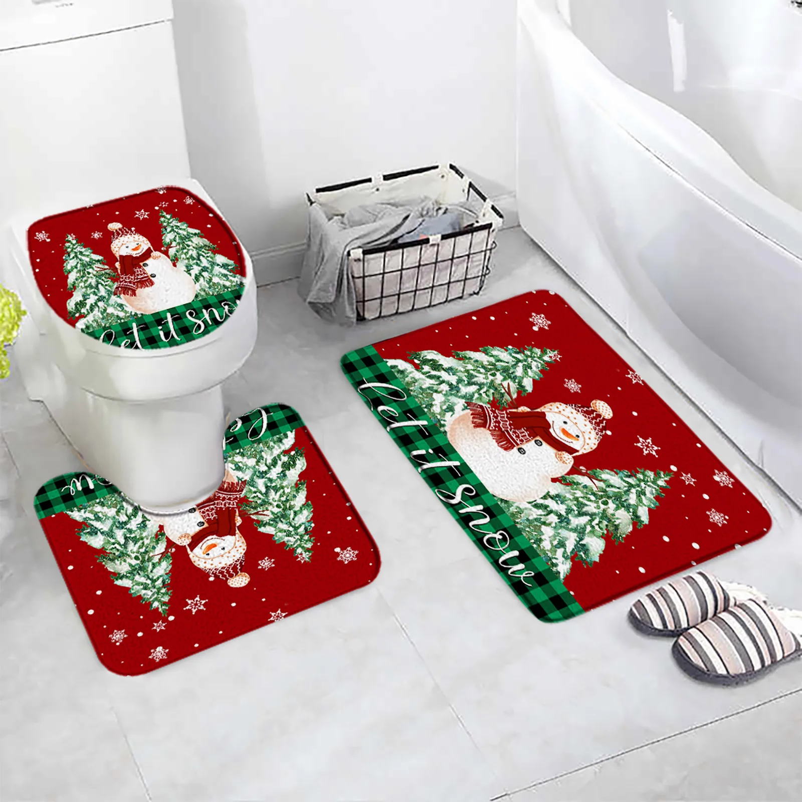 Christmas Bath Mat Set Funny Cartoon Snowman Rope Ball Pine Branch Red Xmas New Year Home Bathroom Decor Non-Slip Rug Toilet Lid