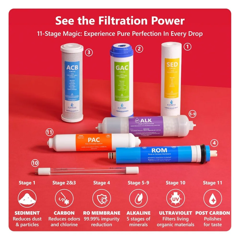 نظام تنقية المياه بالتناضح العكسي بالأشعة فوق البنفسجية 11 مرحلة، مع صنبور وخزان، فلتر مياه تحت المغسلة مع فلتر قلوي، جودة