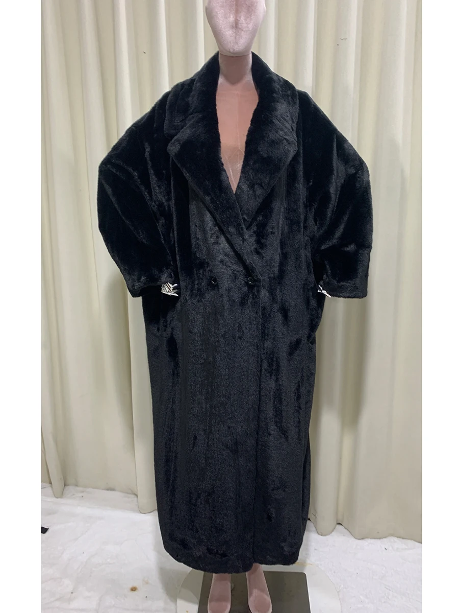 Nerazzurri Autumn Winter Extra Long Oversized Green Thick Warm Faux Fur Cocoon Coat Women Bat Sleeved Black Maxi Fluffy Overcoat