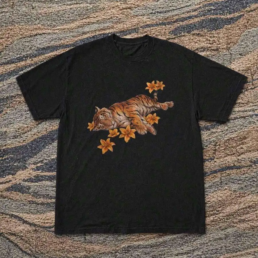 Washed Loose Fit Casual T‑Shirt Unisex Vintage Wildlife Sleeping Tiger Lily Flower Graphic Print Crew Neck Short Sleeve Daily Tee