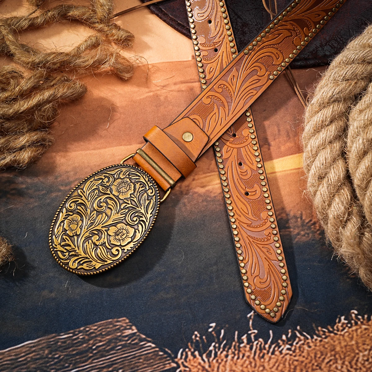 Men & Women-Western-Cowboy-PU Leather-Belts - Vintage horse Belt Floral Engraved Buckle Belt for Jeans