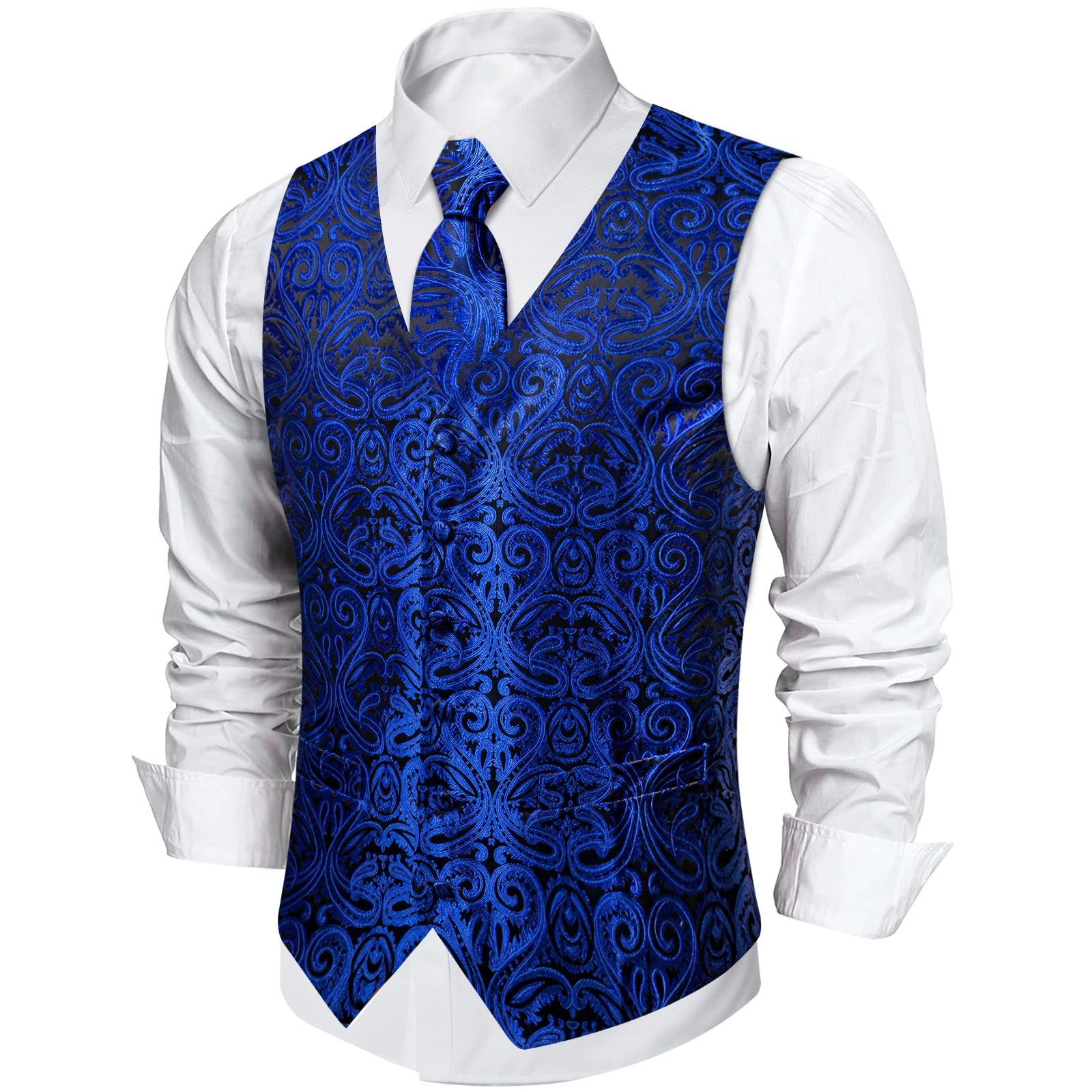 Luxury Men\'s Suit Vest Royal Blue Paisley Waistcoat with Neck Tie Handkerchief Cufflinks Wedding Prom Tuxedo Sleeves Vest