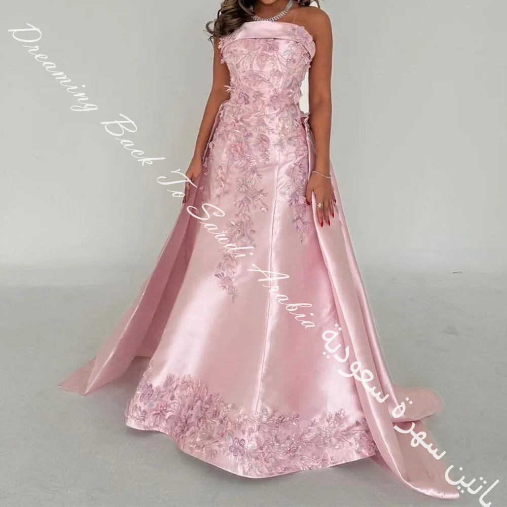 Customized Exquisite Boat Neck Satin Sleeveless A-Line Evening Dress Crystal Panel Train Pleats Flowers Photo Color Floor Length