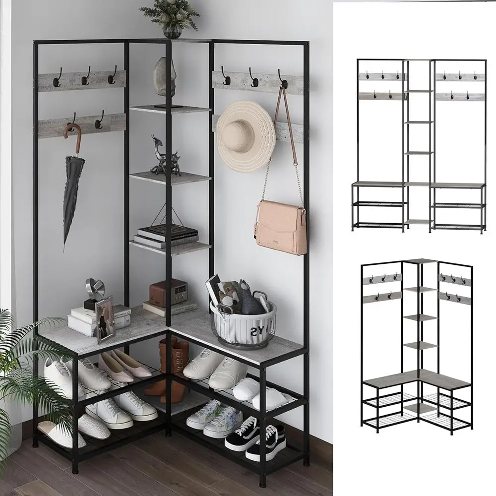 5-in-1 Industrial Style Hall Tree with Shoe Rack, Storage Bench, and Open Shelves for Entryway, Living Room, or Mudroom (Greige)