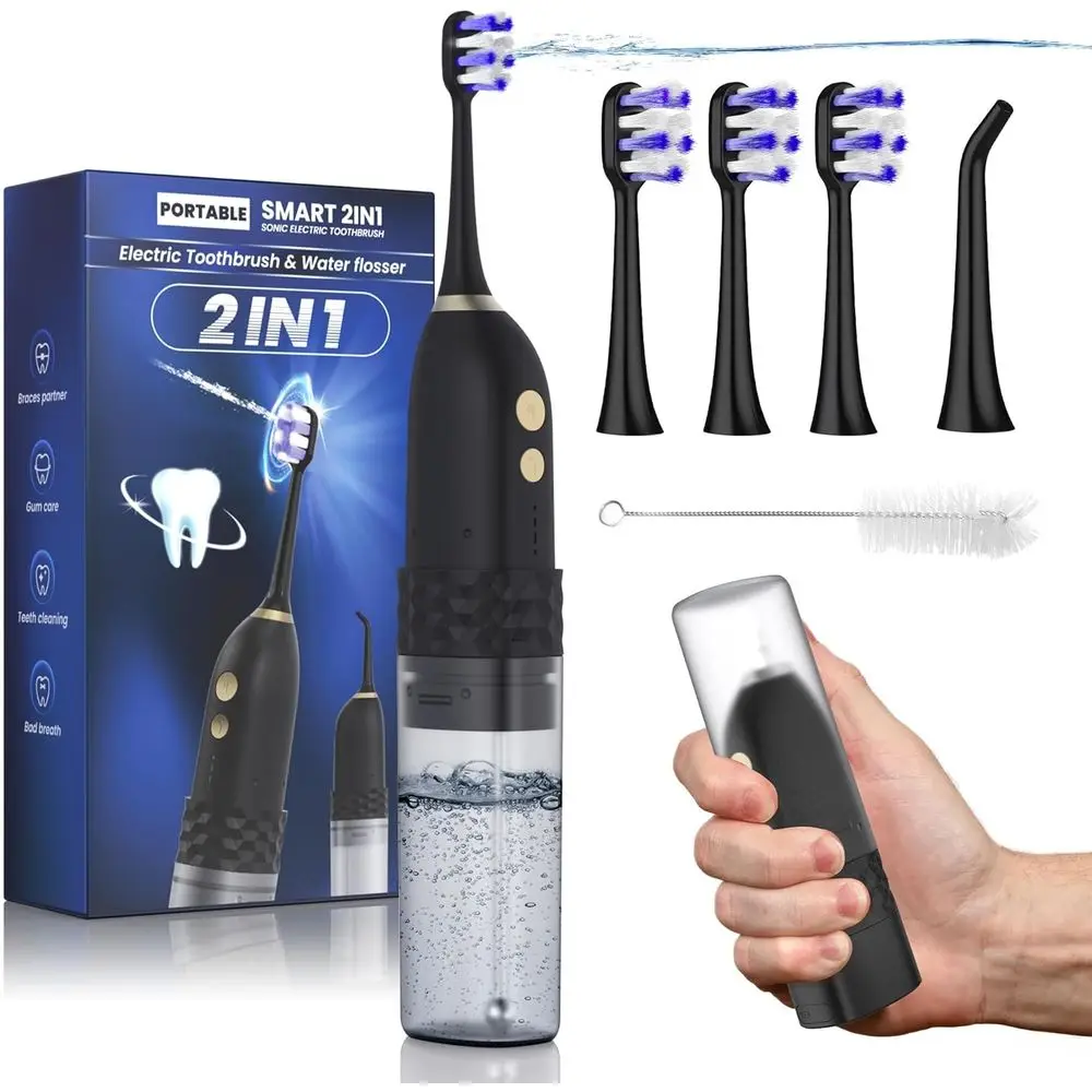 

Электрическая зубная щетка и ирригатор двойного назначения, 25-дневный срок службы батареи, портативный комплект с дорожной бутылкой (черный)