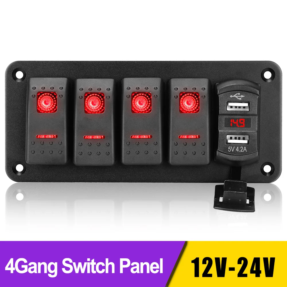 4 Gang Toggle Rocker Switch Digital Voltmeter Dual USB Port ON/OFF Outlet Combination 12V/24V Waterproof