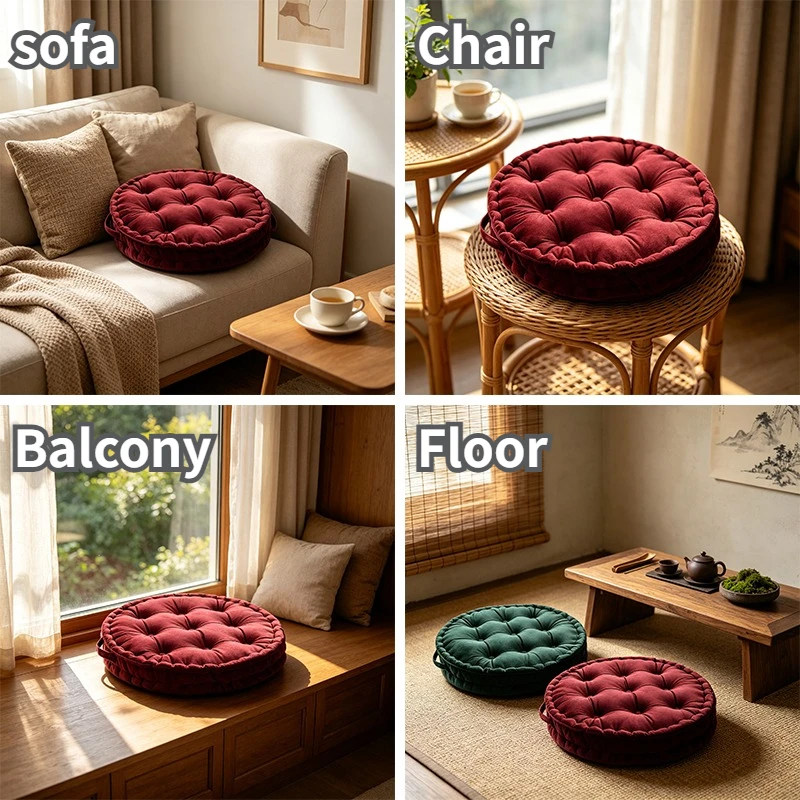 Large Thick Round Floor Cushion 60cm Soft Velvet PP Cotton Filled Seat Pillow with Handle for Tatami Living Room Home Decor