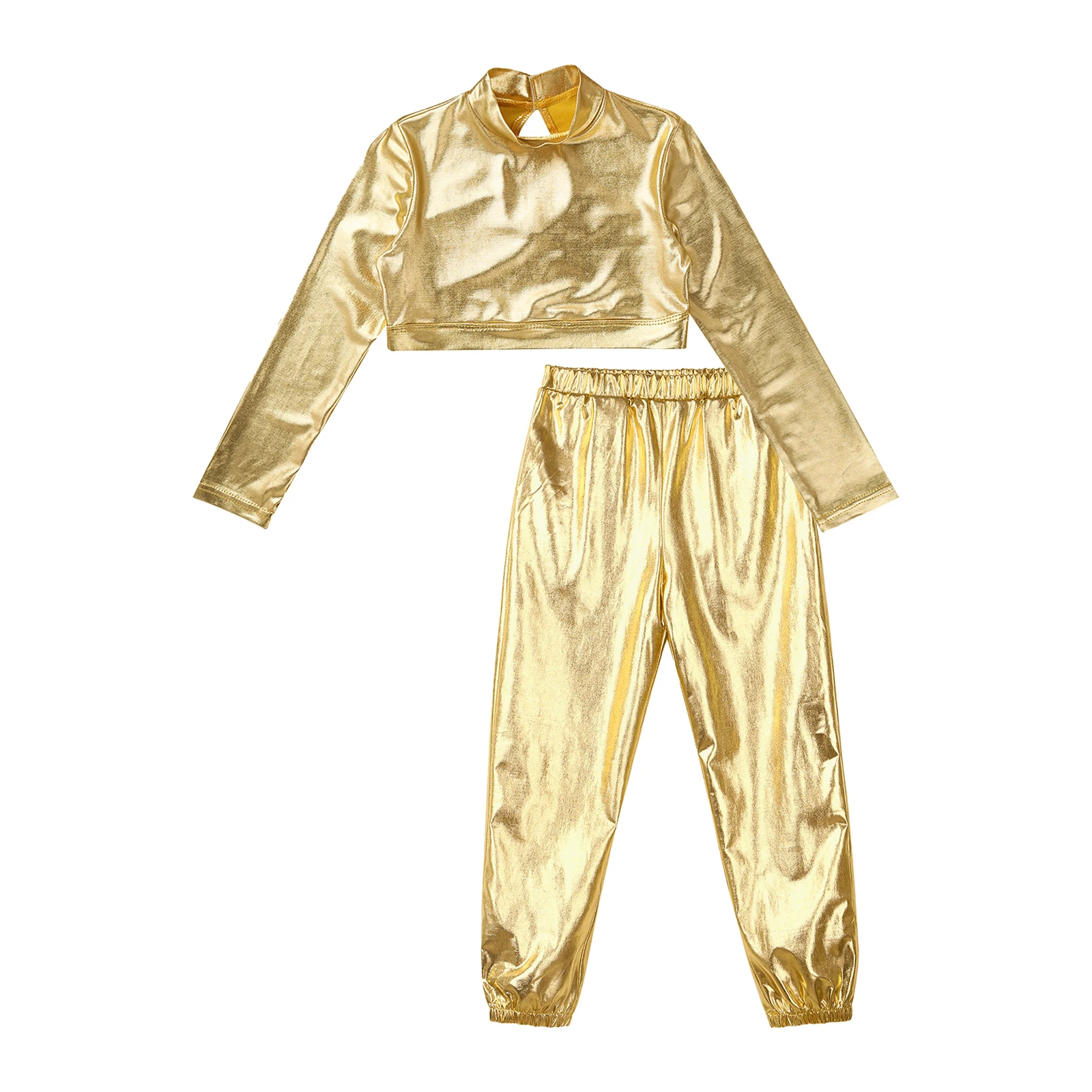 Kids Girls Hip Hop Jazz Dance Outfit Glossy Metallic Long Sleeves Jacket Crop Tops+Pants Set for Stage Performance Streetwear