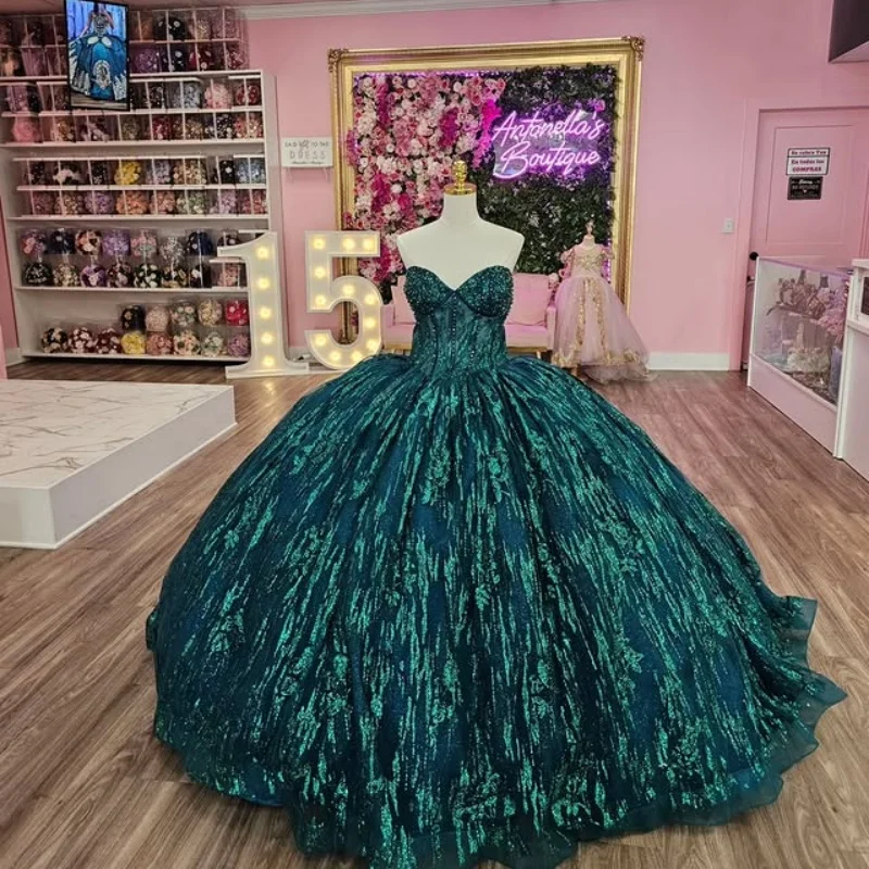 Abiti Quinceanera verde nerastro lucido personalizzati con spalle scoperte applique con paillettes in pizzo Vestido De 15 Quinceanera