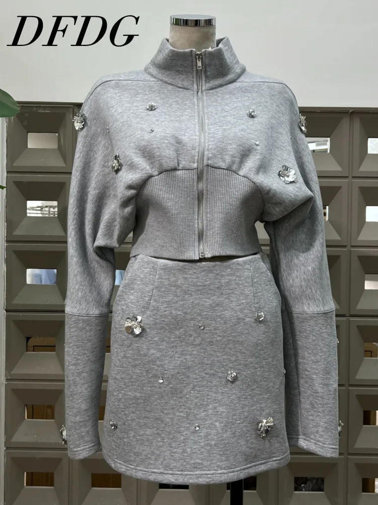 

DFDG Women’s Air Cotton Cropped Hoodie Bodycon Skirt Set Bat Sleeve Zipper Detail 2025 Summer Streetwear Casual Two Piece Set