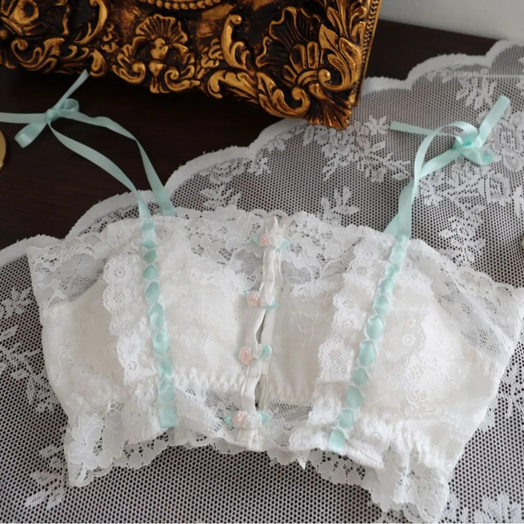 طقم حمالة صدر رفيعة من الدانتيل بشريط عتيق بدون حلقة فولاذية ملابس داخلية نسائية يابانية طالب صدر صغير مريح Ropa Interior Mujer #3
