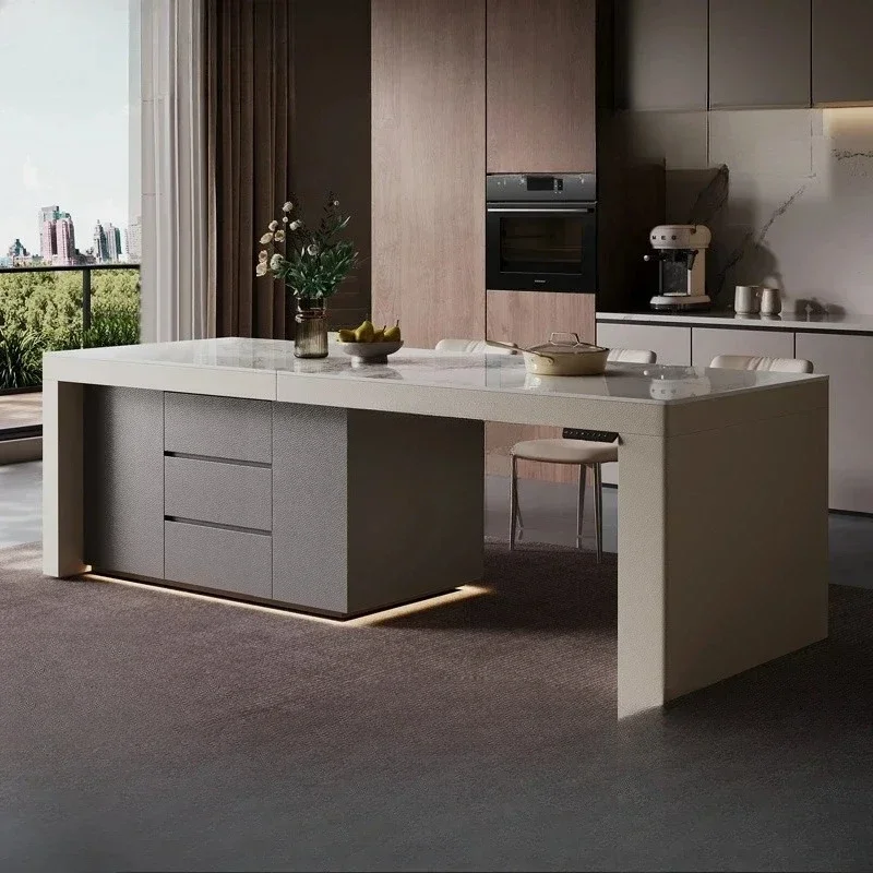 A Island dining table integrated household telescopic lift middle island kitchen advanced multi-functional rock slab island