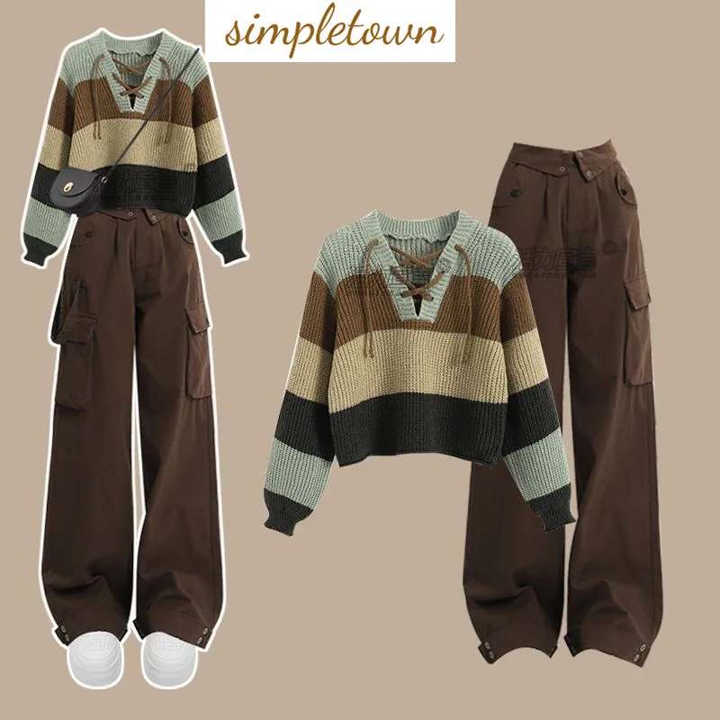 

Autumn Casual Lace Up Knit Sweater Pullover Loose Work Pants Two-piece Female College Student Sports Set