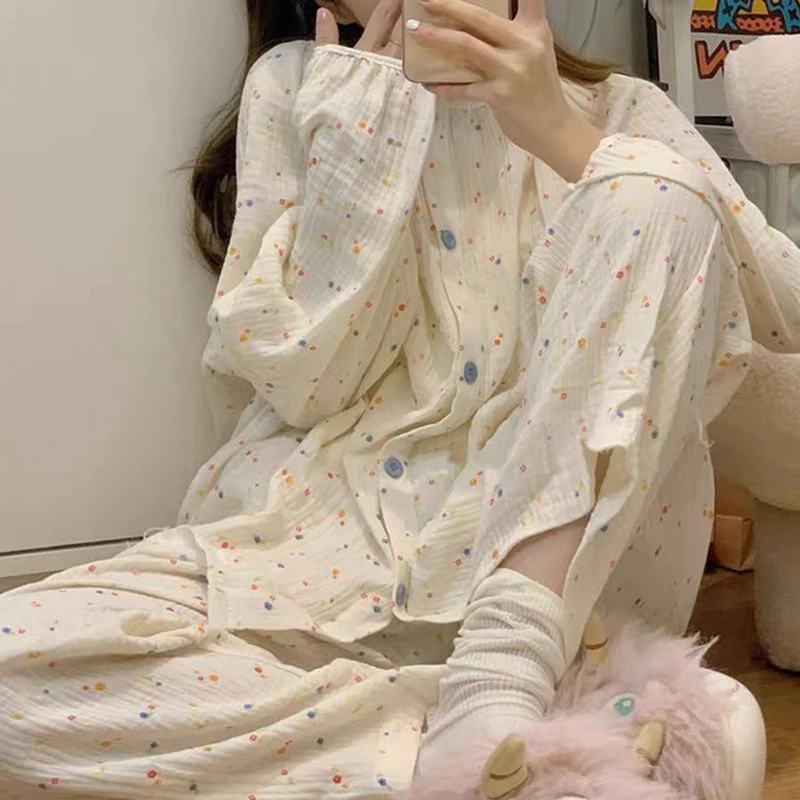 Polka Dot Sleepwear Women Pajama Sets Button Piiama Korean Pants Sets for Women 2 Pieces Ruffles Night Wears Autumn Home Suit