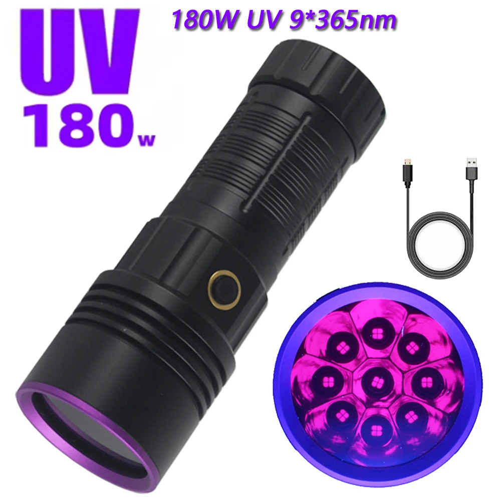 180W High Power UV Flashlight 9Core Blacklight Cat Dog Urine Stain Ore Money Scorpion Marker Powerful Rechargeable UV Torch lamp