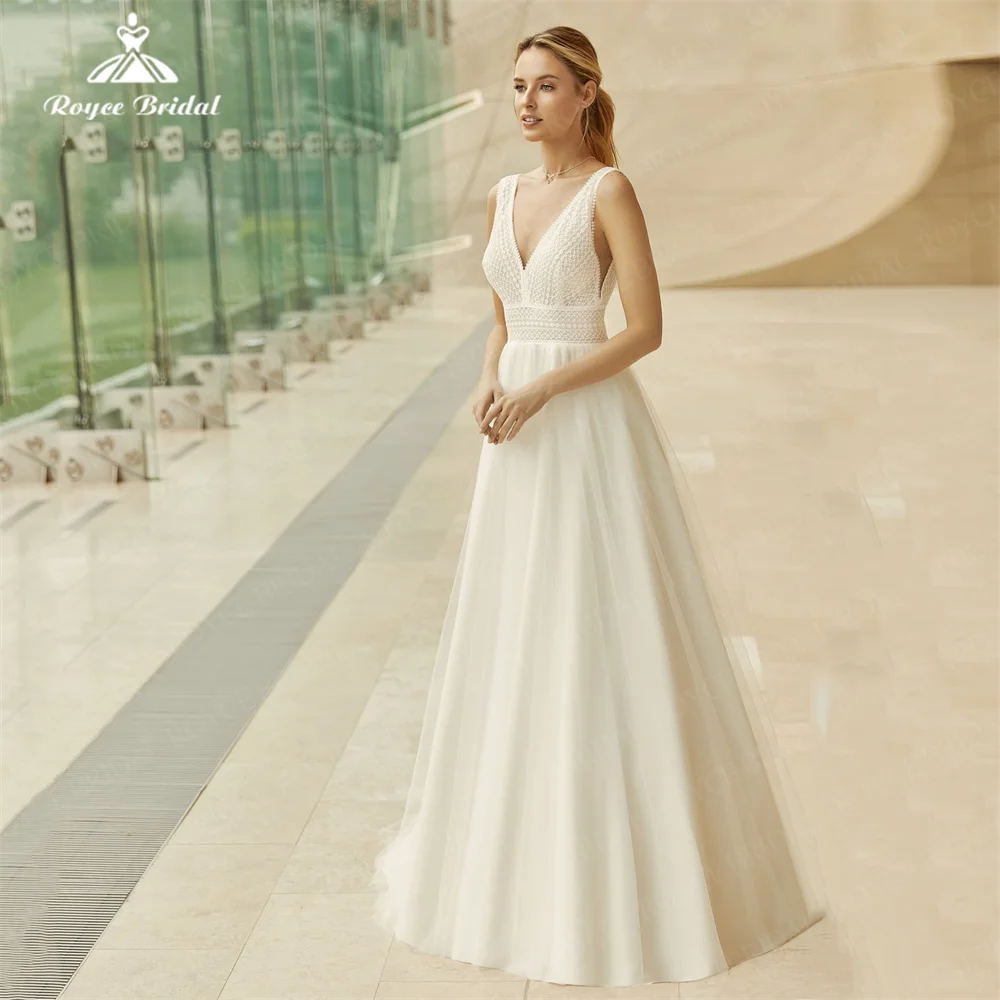 Кружевное свадебное платье Roycebridal из тюля, современные сексуальные платья невесты без рукавов с V-образным вырезом, на пуговицах, со шлейфом