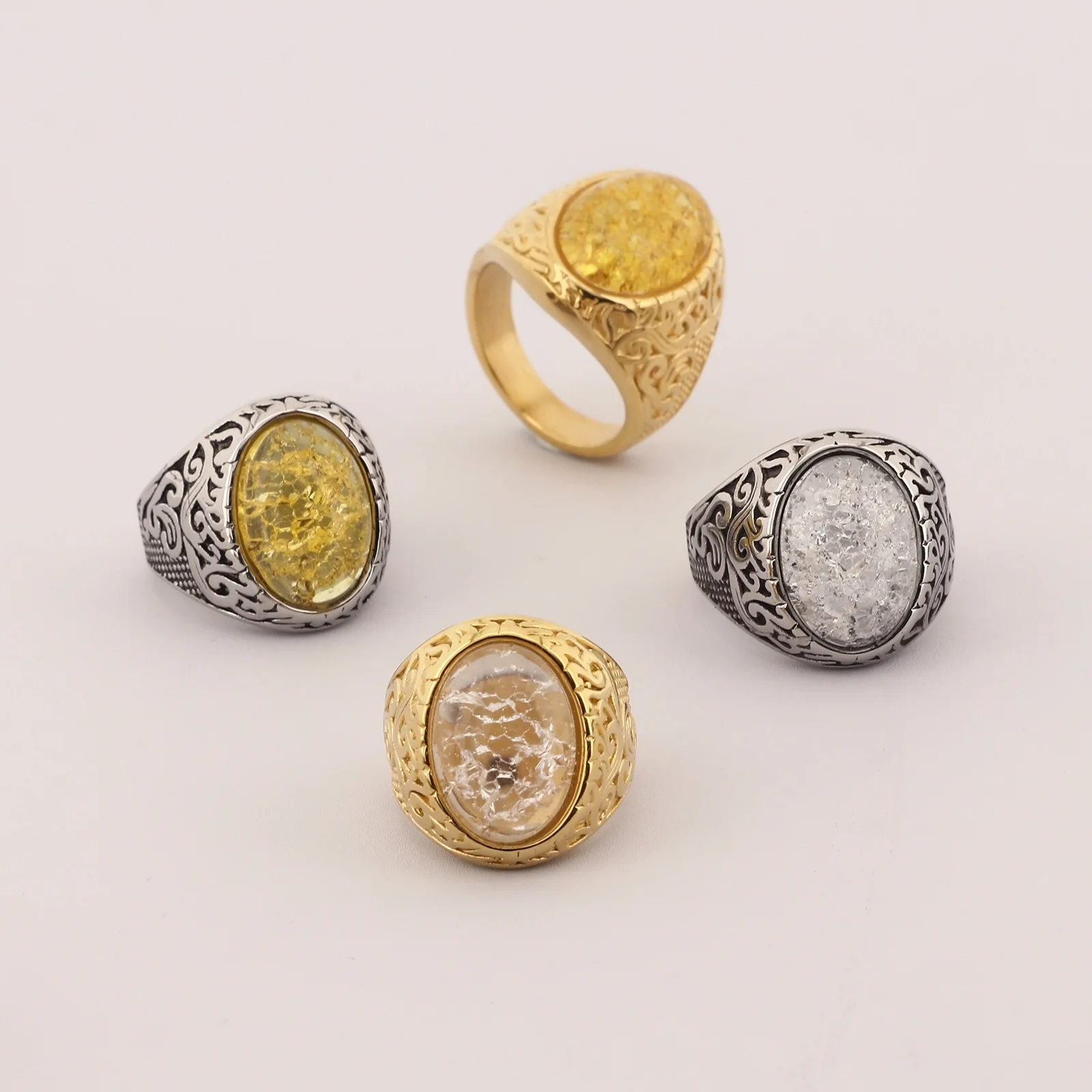 Fongten Vintage Viking Rune Stainless Steel Men's Ring Palace Style Personality Broken Natural Stone Aillons Fashion Jewelry