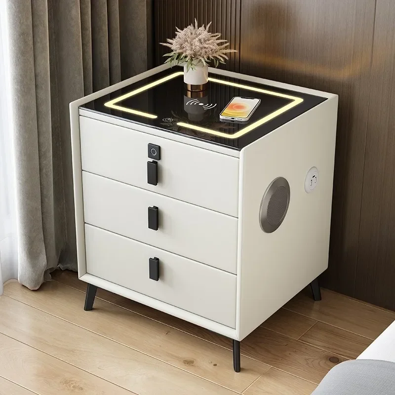 Mesita de noche inteligente de tres cajones de madera maciza de lujo, dormitorio compacto, detalles únicos, carga inalámbrica integrada