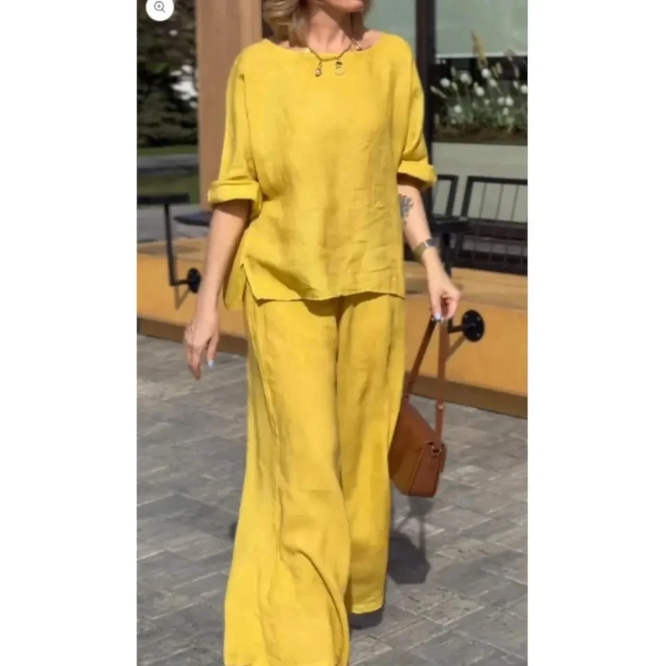 

Весенне-осенний новый хлопково-льняной костюм с длинными рукавами для женщин, модный однотонный, свободный, повседневный, простой, женский комплект из 2 предметов