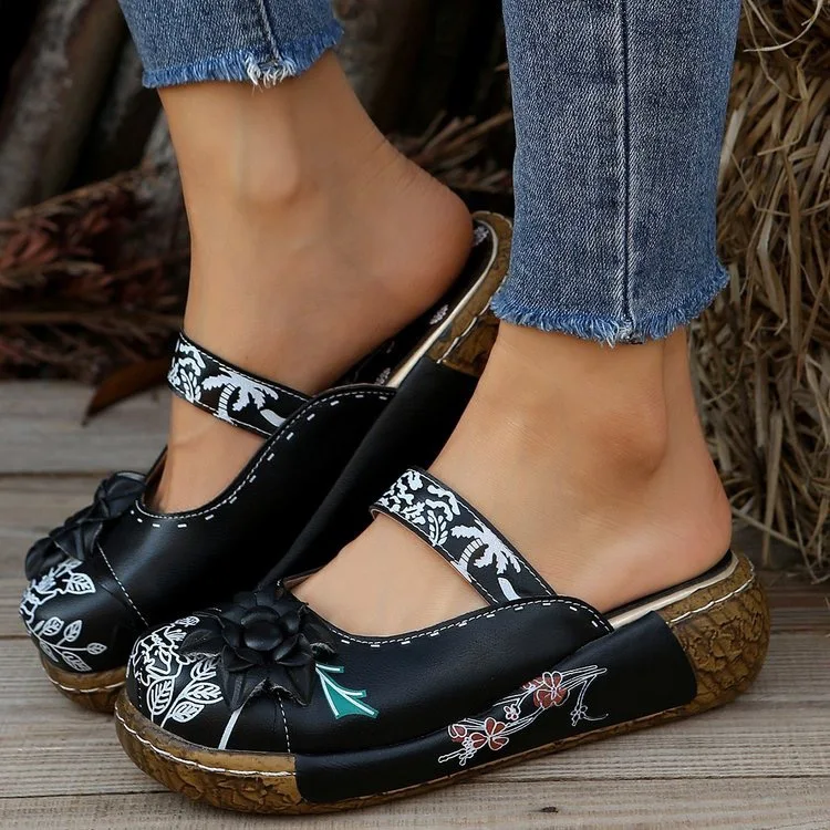 Big Size Cover Toe Shoes House Slippers Platform Flower Slipers Women Shale Female Beach Low Slides 2024 Sabot Ethnic Fabric Rub