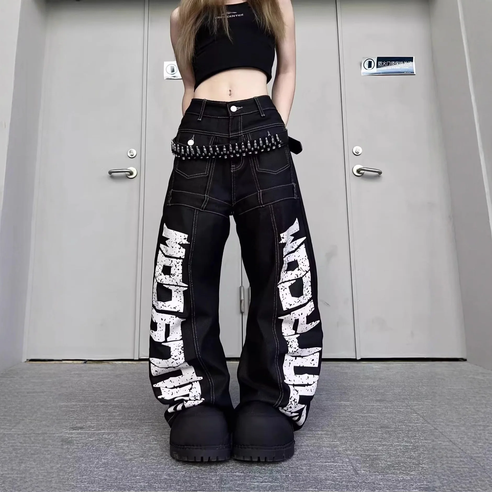 Fashionable American Retro Letter Printed Jeans Men's and Women's Design Sense Workwear Wide Leg Pants