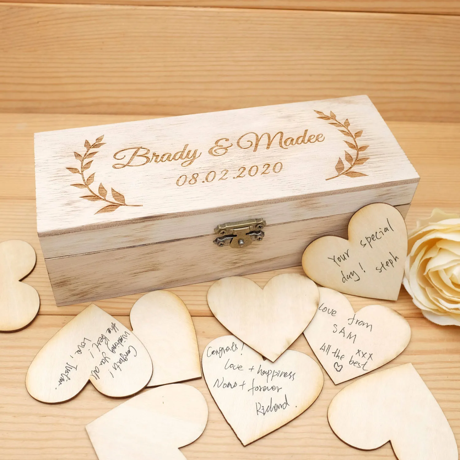 Custom Wedding Guestbook With Hearts Signatures Personalized Guest Book Alternative Wooden Keepsake Box Engraved Your Names&Date