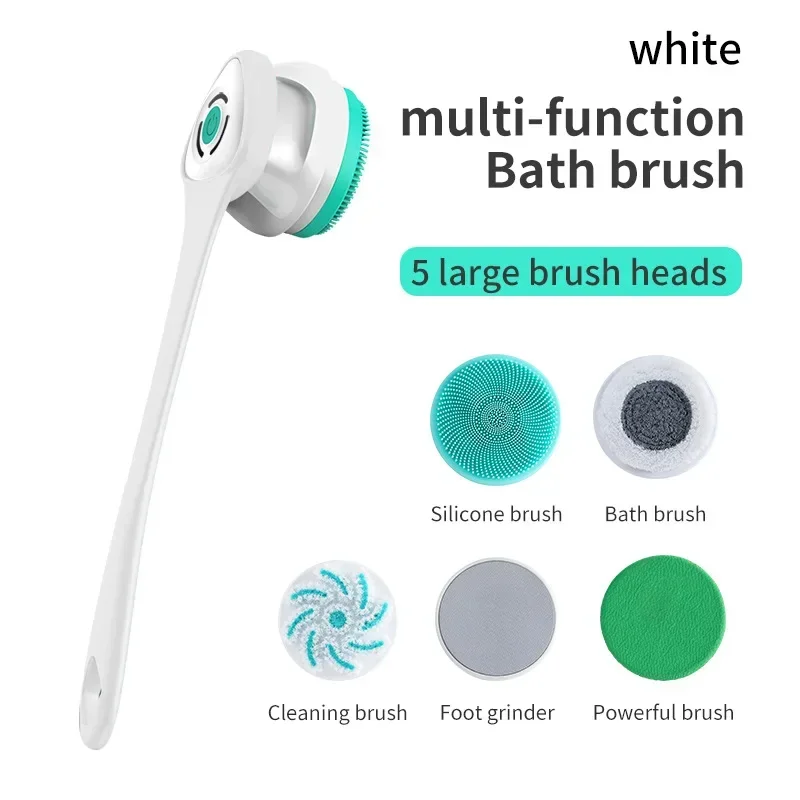 Auto Rotating Electric Waterproof Massage Shower Brush Multi-function Silicone Massage Bath Brush with 5 Large Brush Heads