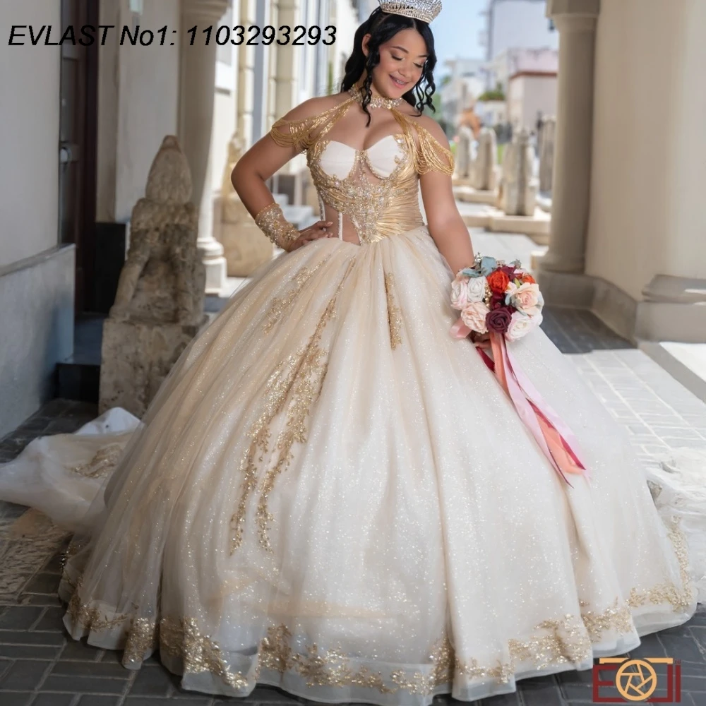 ชุดเดรสงาน Quinceanera แบบเจ้าหญิงสั่งตัดพิเศษจาก EVLAST ประดับลูกไม้สีทอง ปักเลื่อม งาน Sweet 16 ชุดเดรสวันเกิดอายุ 15 ปี รุ่น E1QN631