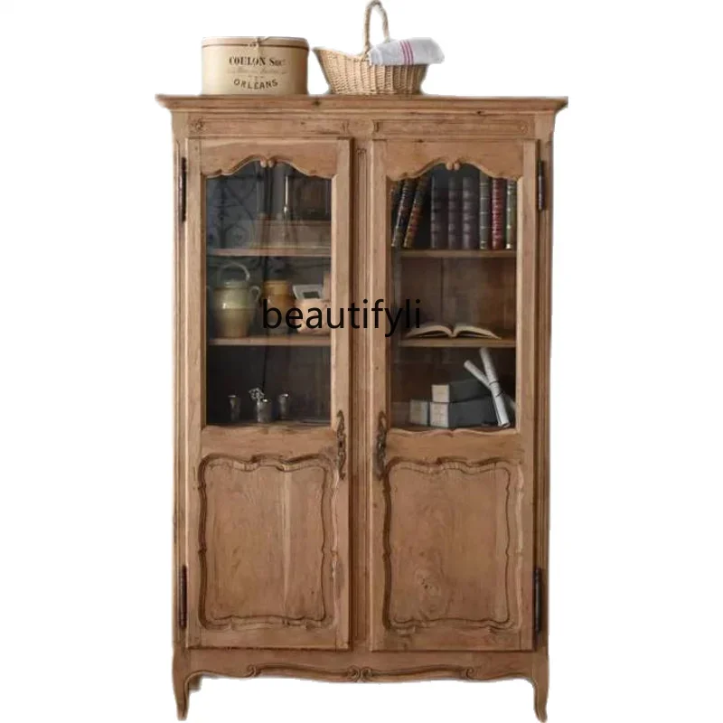 American solid wood dining side cabinet special-shaped glass door storage retro storage display cabinet display bookcase