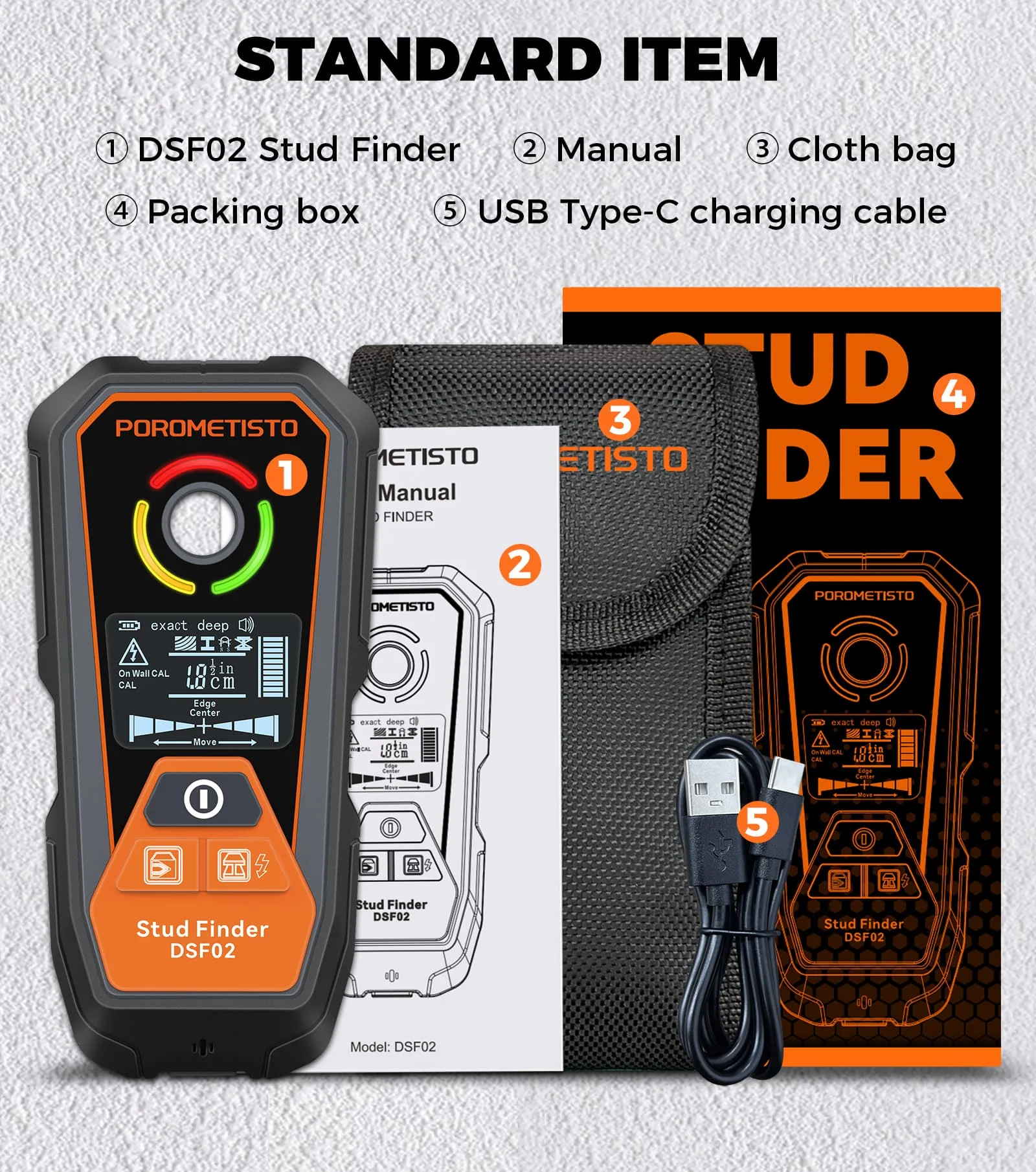 DSF02 6-in-1 Wandscanner Typ-C Wiederaufladbarer Balkensucher mit Tiefensmodi, AC-Kabel-, Metall- und Rohrerkennung für sicheres Bohren – Detail 17