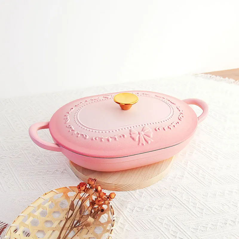 32cm Oval Emboss logo Flat Saucepan Dutch Oven Kitchen Cookware Sea Food Cooking Pot Enamel Cast Iron Casserole Pot