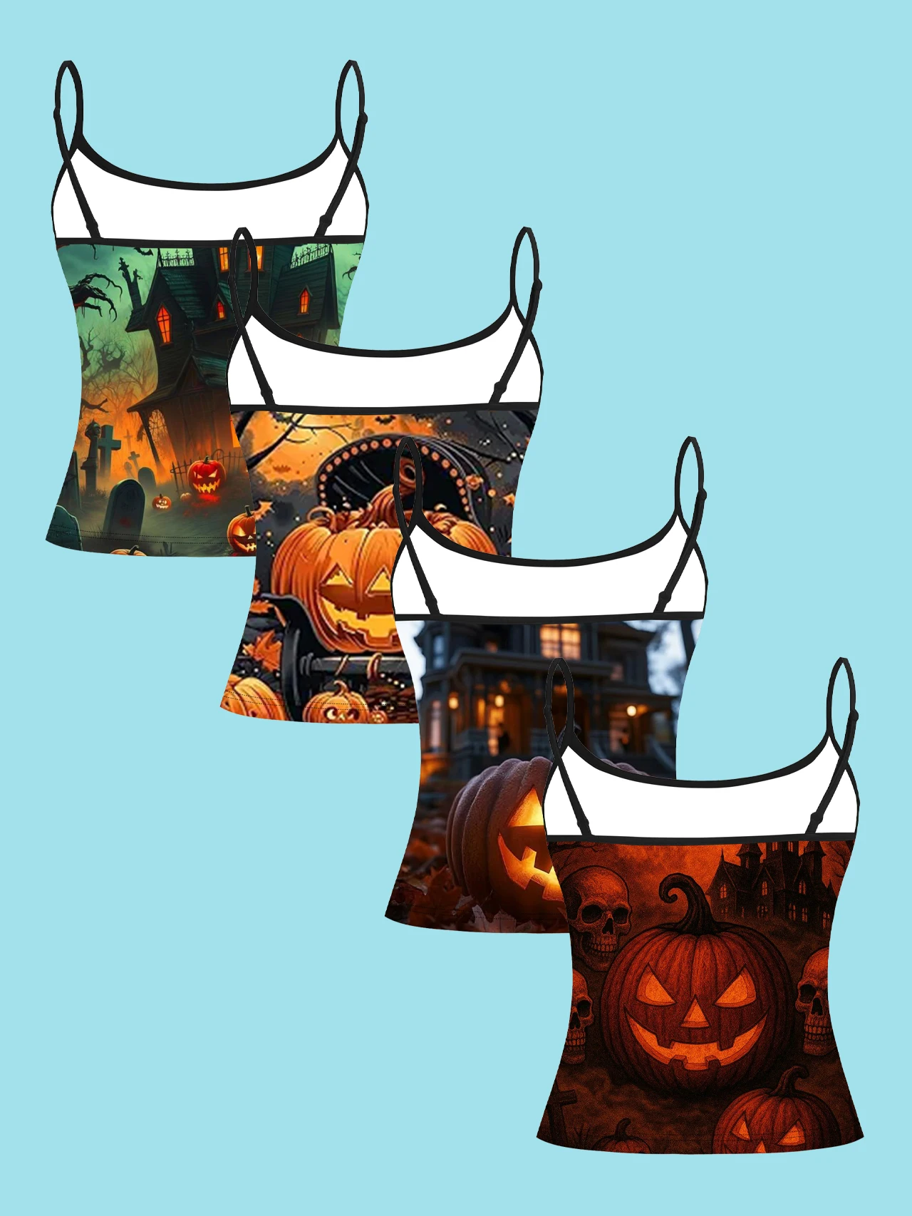 4-Piece Set of Halloween Haunted House Pumpkin Women's Camisoles, Vintage Distressed Print Slim-Fit Spaghetti Strap Short Camisole Tops with Cemetery Castle Bat and Skull Designs