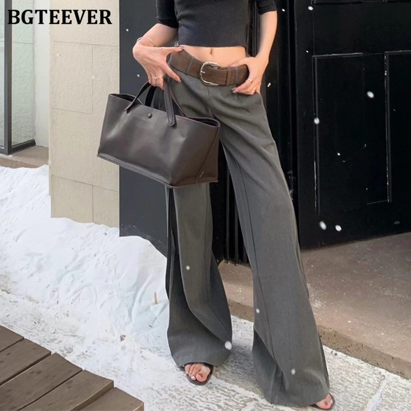 BGTEEVER Stylish High Waist Floor-Length Ladies Solid Suit Pants Autumn Winter Elegant Loose Pockets Female Wide Leg Trousers