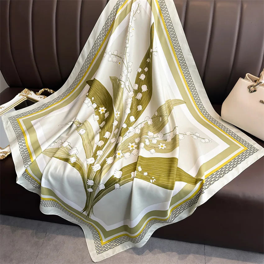 New Fashion Luxury Printing 90*90CM Women Scarf Satin Twill Square Big Shawl Elegant Headscarf Camellia Soft Neck Tie Bandana